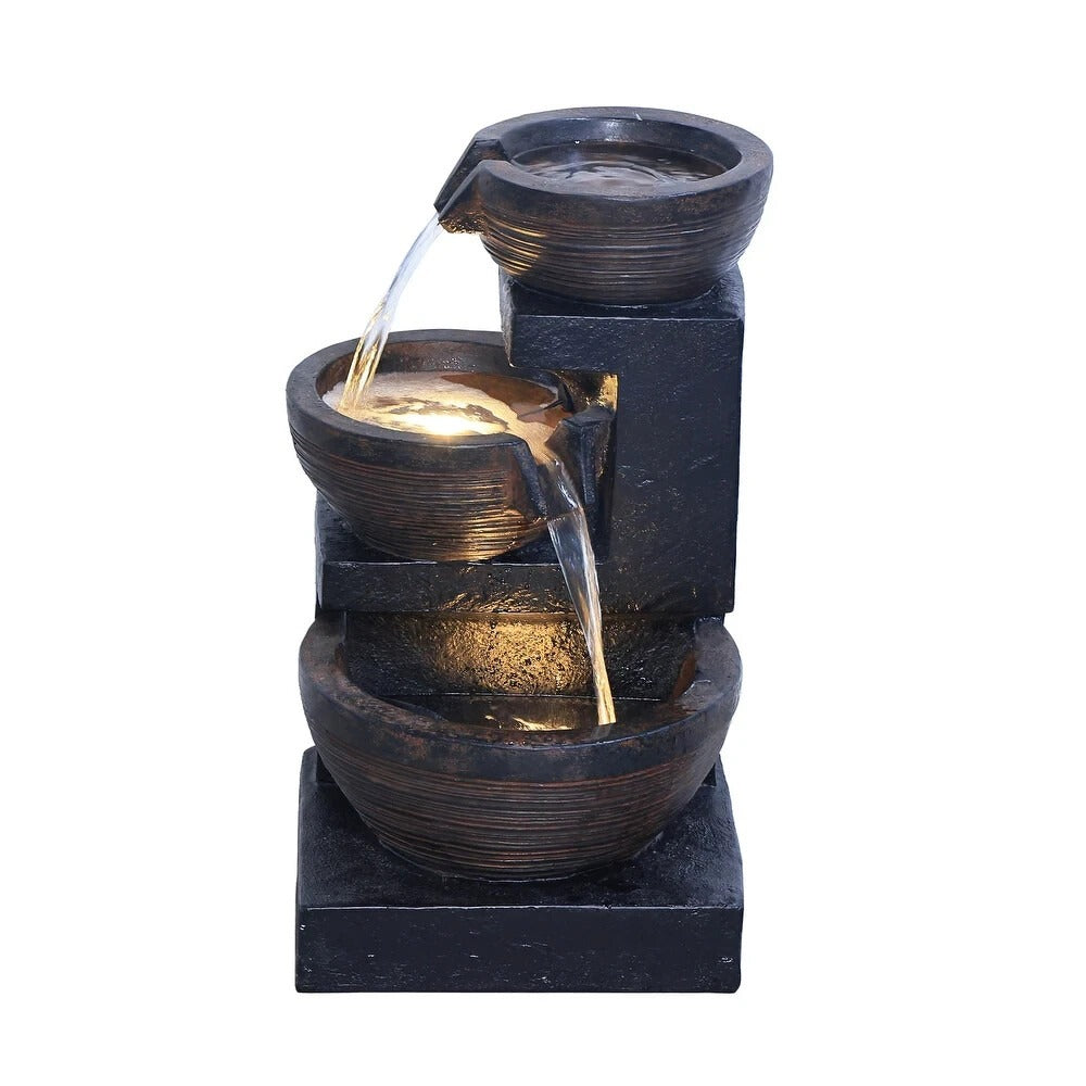 Captivating 24in Black Indoor Outdoor 3 Tier Cascading Bowl LED Water Fountain