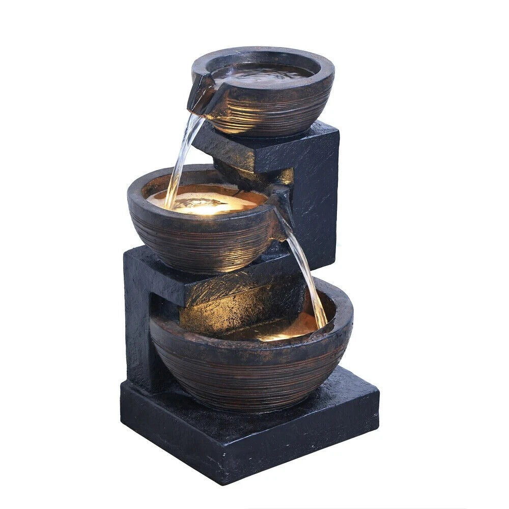 Captivating 24in Black Indoor Outdoor 3 Tier Cascading Bowl LED Water Fountain