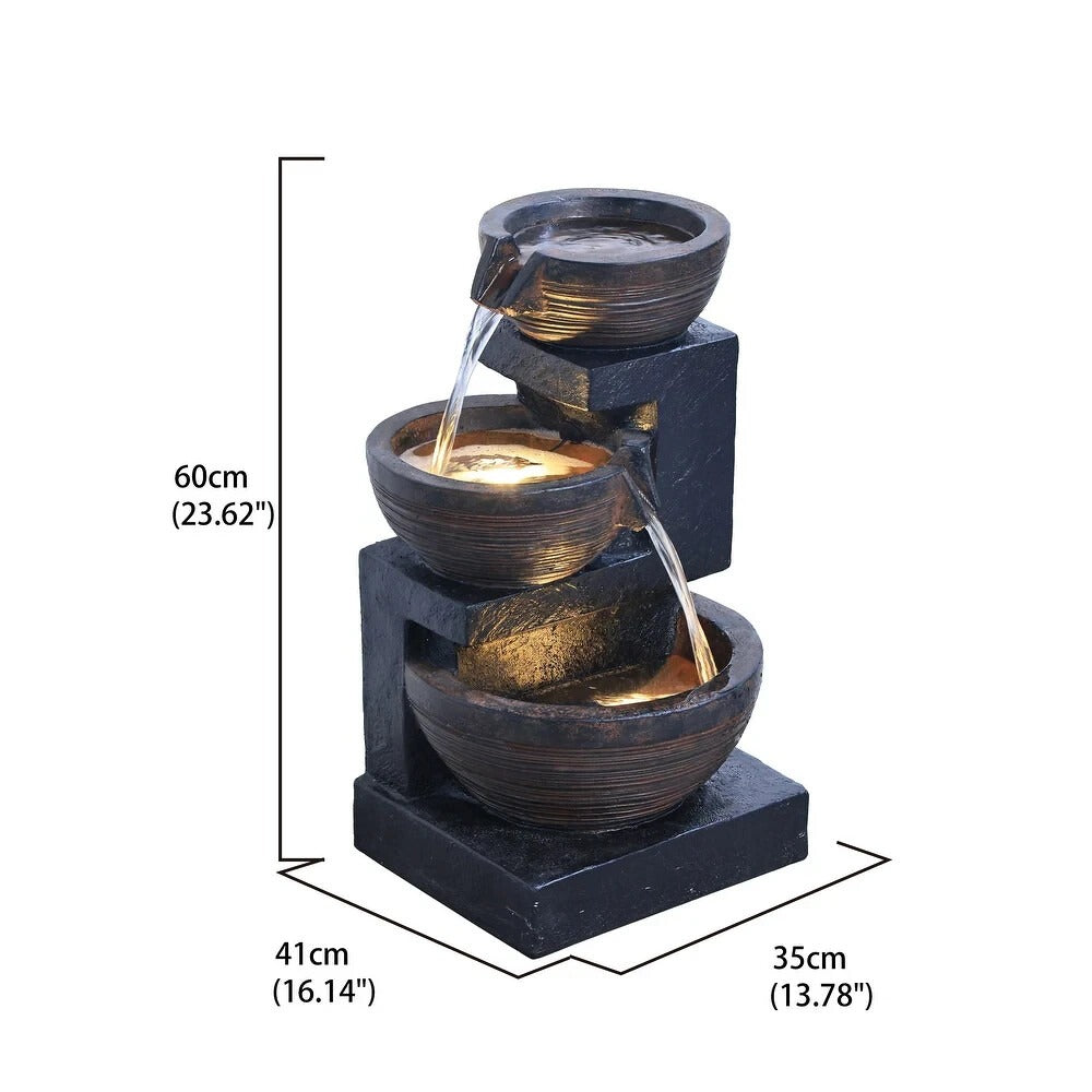 Captivating 24in Black Indoor Outdoor 3 Tier Cascading Bowl LED Water Fountain