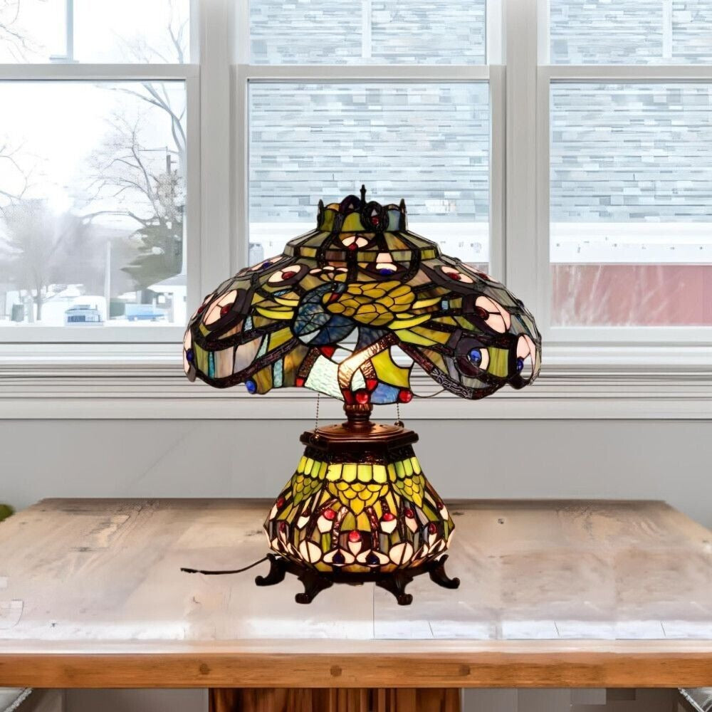 Tiffany Style Peacock Paradise Stained Glass Double-Lit Table Lamp Lit Base 22in