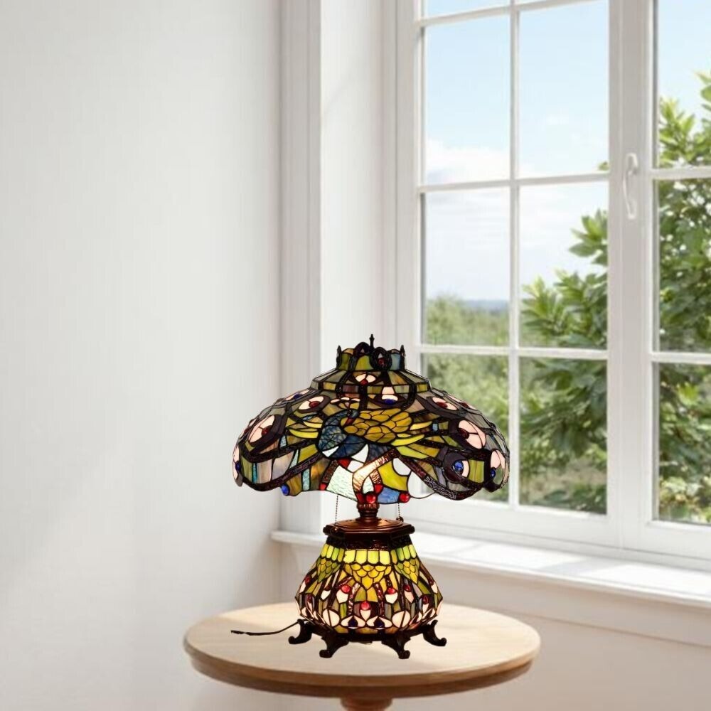 Tiffany Style Peacock Paradise Stained Glass Double-Lit Table Lamp Lit Base 22in