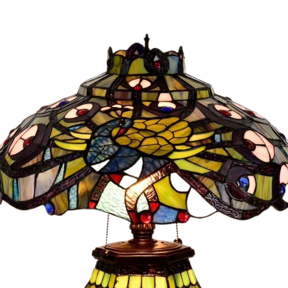 Tiffany Style Peacock Paradise Stained Glass Double-Lit Table Lamp Lit Base 22in