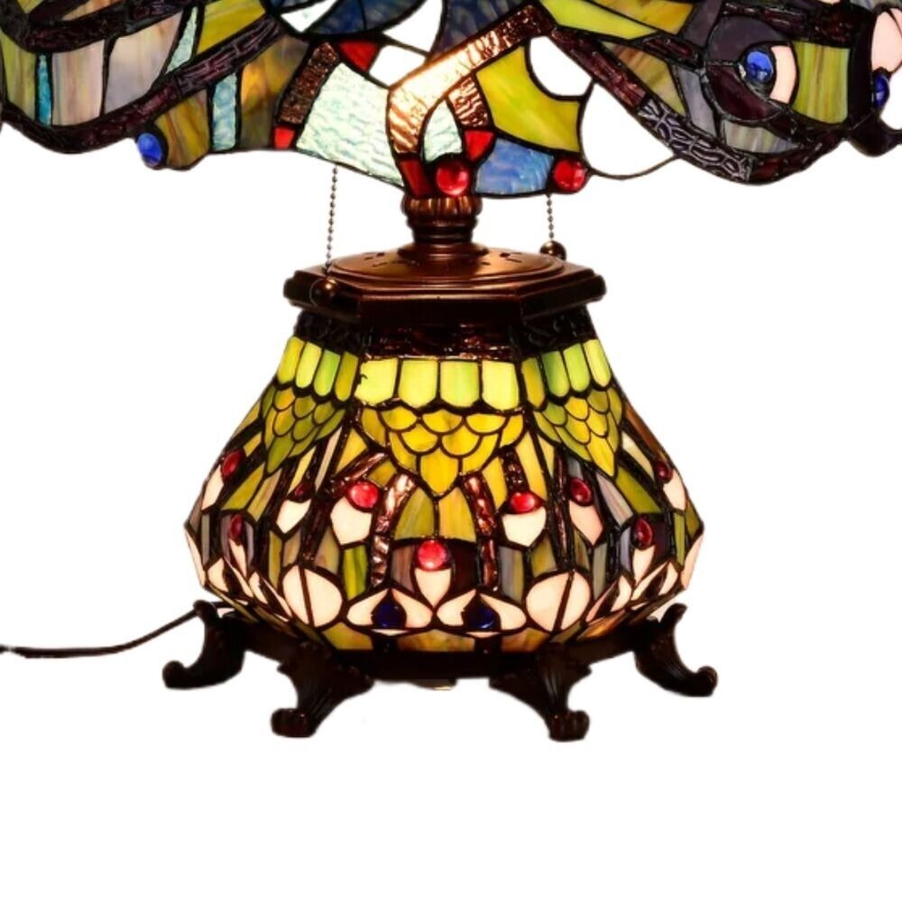 Tiffany Style Peacock Paradise Stained Glass Double-Lit Table Lamp Lit Base 22in