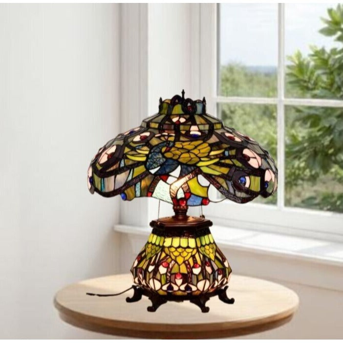 Tiffany Style Peacock Paradise Stained Glass Double-Lit Table Lamp Lit Base 22in