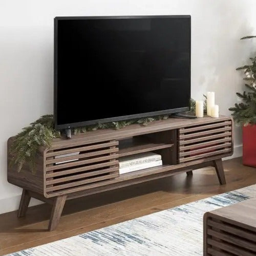 59in Walnut Finished TV Stand with Slatted Doors Mid Century Modern