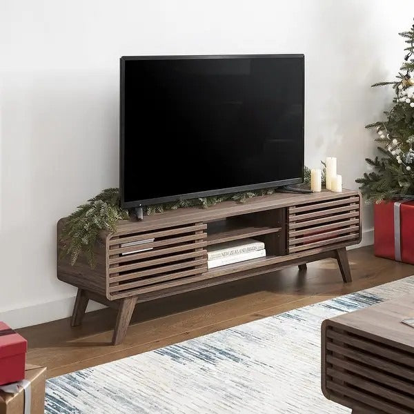 59in Walnut Finished TV Stand with Slatted Doors Mid Century Modern