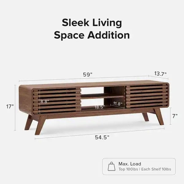59in Walnut Finished TV Stand with Slatted Doors Mid Century Modern