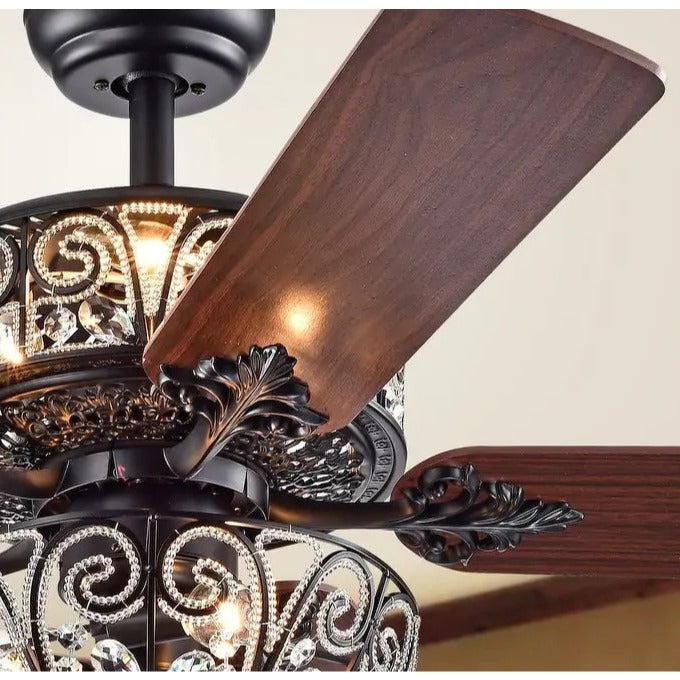 Crystal Lighted Ceiling Fan Chandelier 52in Rustic Brown Finish - Remote Control