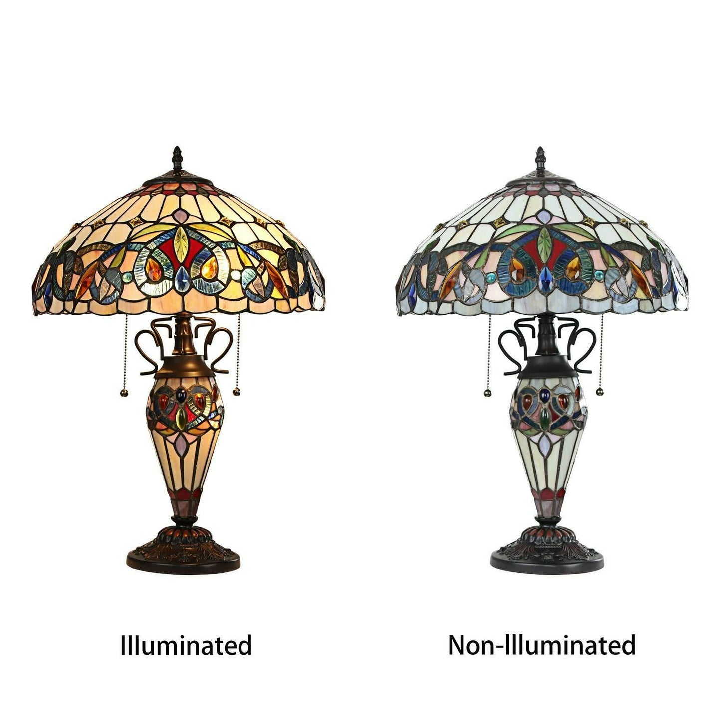 Multicolor Victorian Design Tiffany Style Stained Glass Table Lamp - Lit Base