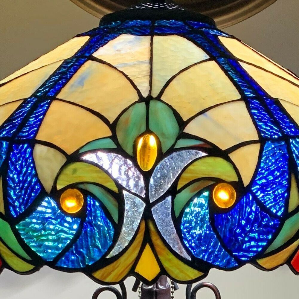 Tiffany Style Table Lamp Ocean Blue Yellow Stained Glass Victorian Theme Lamp