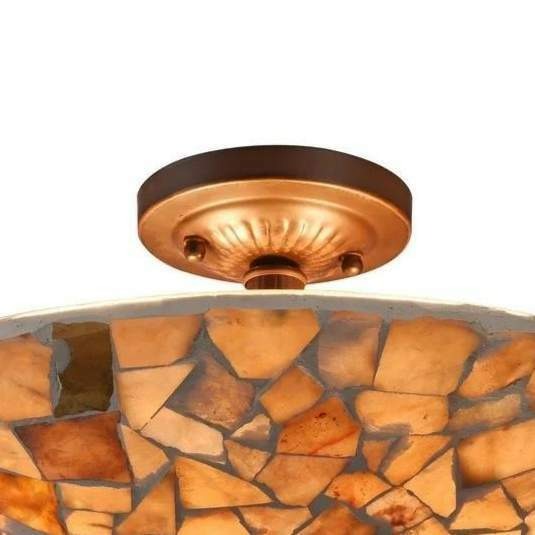 Dark Bronze Finish Semi-Flush Mount Stained Glass Ceiling 2-Light Mosaic Design