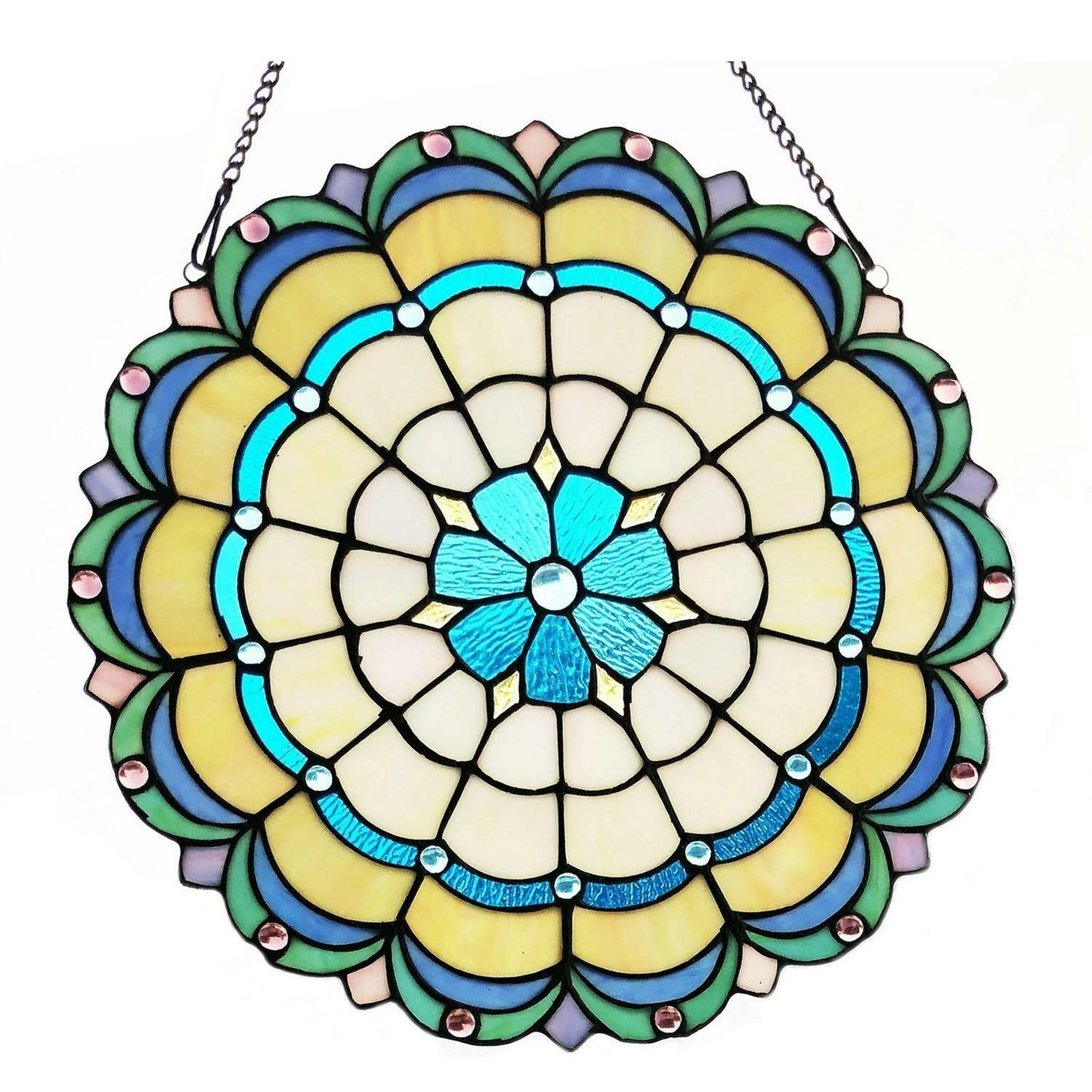 Blue Green Tiffany Style Round Stained Glass Window Panel Suncatchers 18in