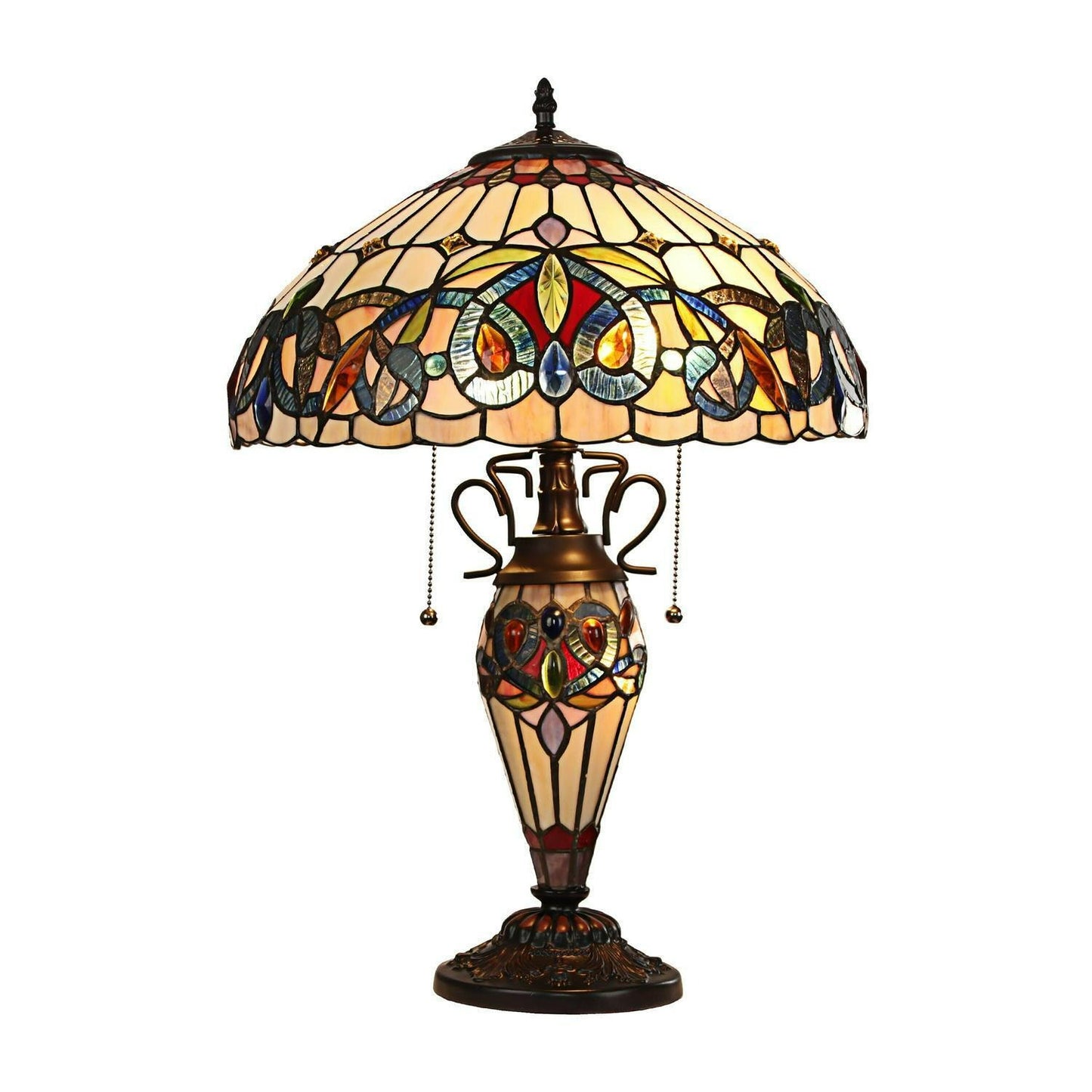 Multicolor Victorian Design Tiffany Style Stained Glass Table Lamp - Lit Base