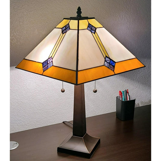 Table Lamp Gold Amber and Crème Tiffany Style Stained Glass Mission Style 22in