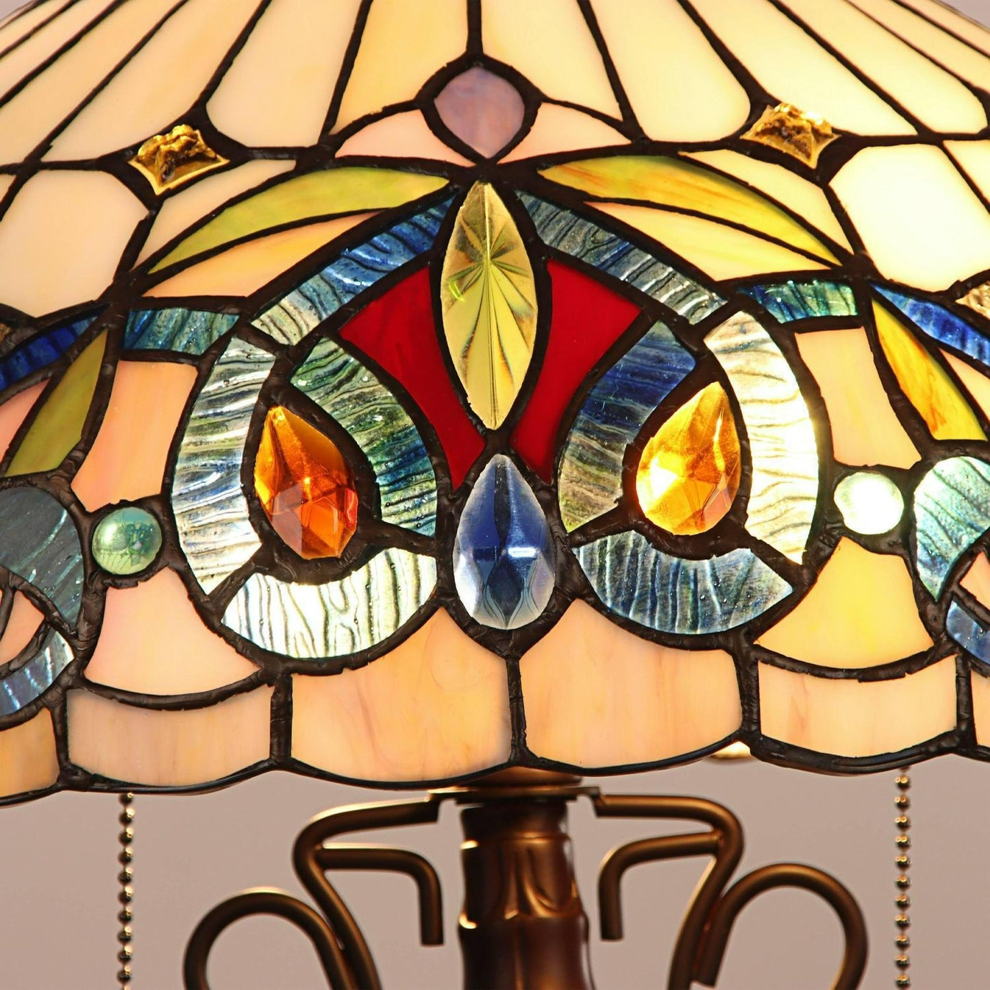 Multicolor Victorian Design Tiffany Style Stained Glass Table Lamp - Lit Base