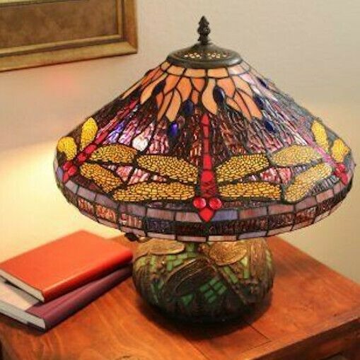 Tiffany Style Dragonfly Reading Accent Stained Glass Table Lamp with Mosaic Base