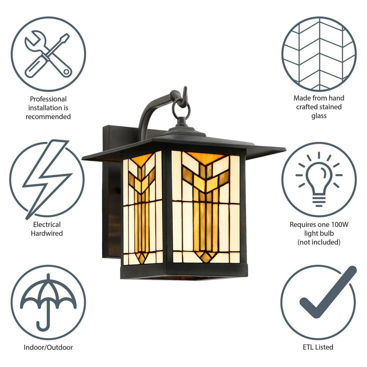 Stained Glass Oil Outdoor Lantern Wall Sconce Amber Tiffany Style  - 9in x 11in