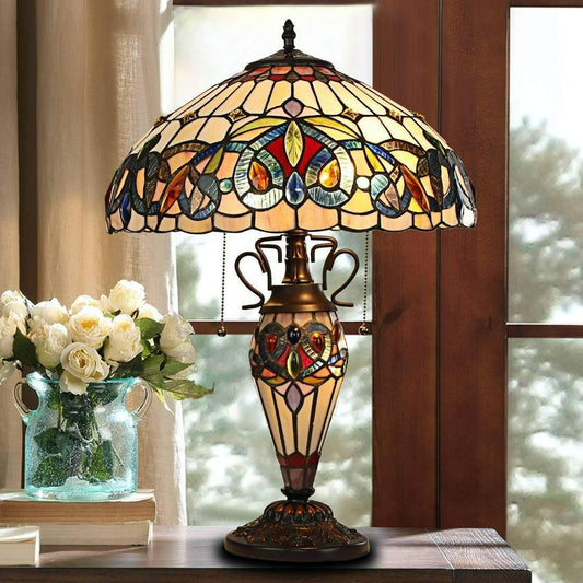 Multicolor Victorian Design Tiffany Style Stained Glass Table Lamp - Lit Base