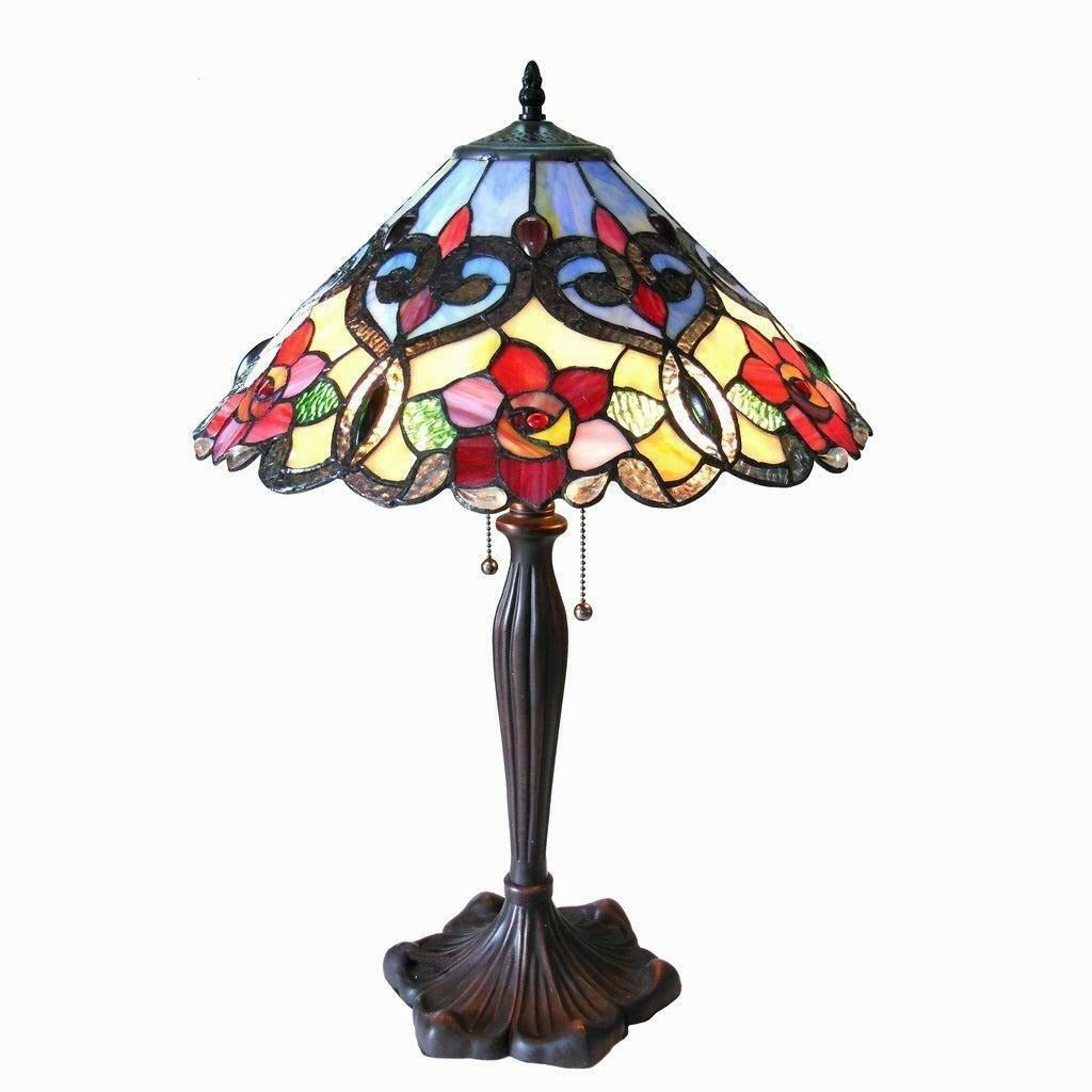 Floral Rose Antique Bronze Finish Tiffany Style 2-Light Pull Chain Table Lamp