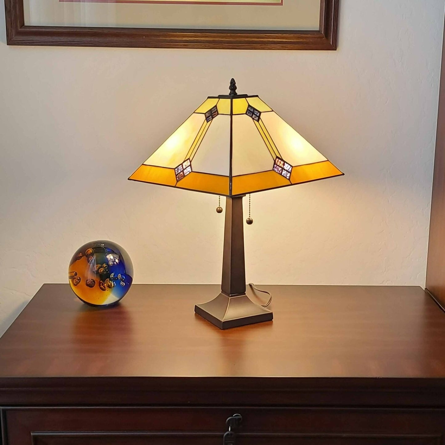 Table Lamp Gold Amber and Crème Tiffany Style Stained Glass Mission Style 22in