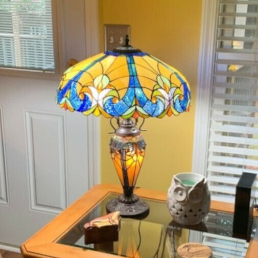 Tiffany Style Table Lamp Golden Blue Stained Glass Accent Reading Accent Lamp