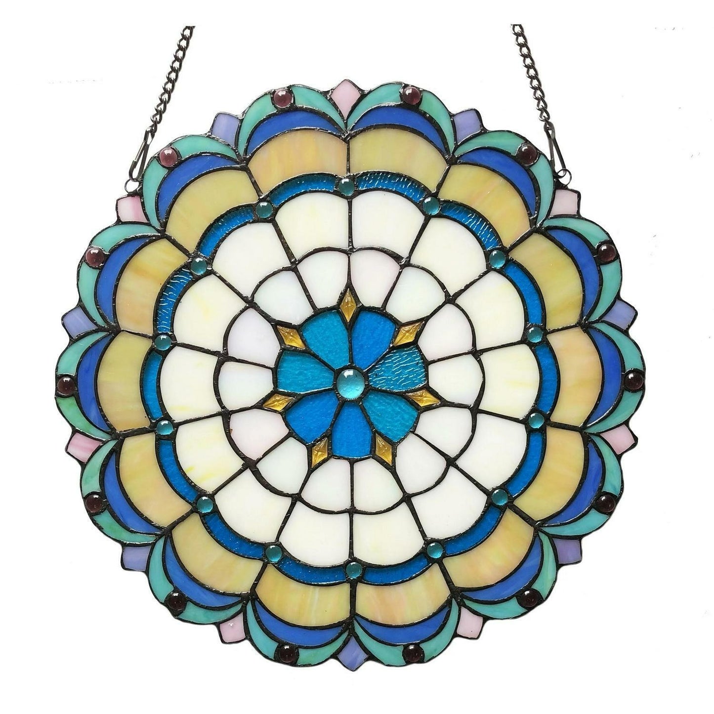 Blue Green Tiffany Style Round Stained Glass Window Panel Suncatchers 18in