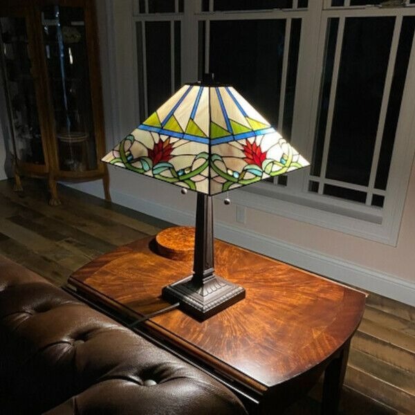 Multicolor Geometric Pattern Mission Tiffany Style Stained Glass Table Lamp 22in