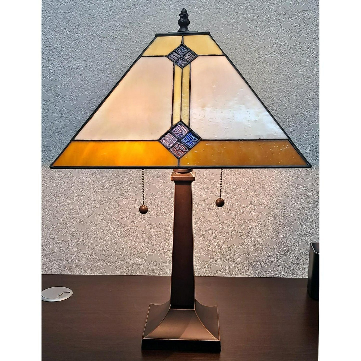 Table Lamp Gold Amber and Crème Tiffany Style Stained Glass Mission Style 22in