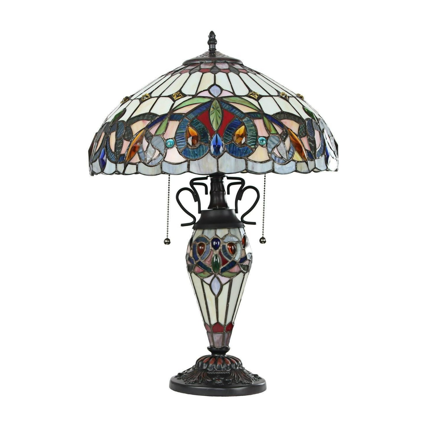 Multicolor Victorian Design Tiffany Style Stained Glass Table Lamp - Lit Base