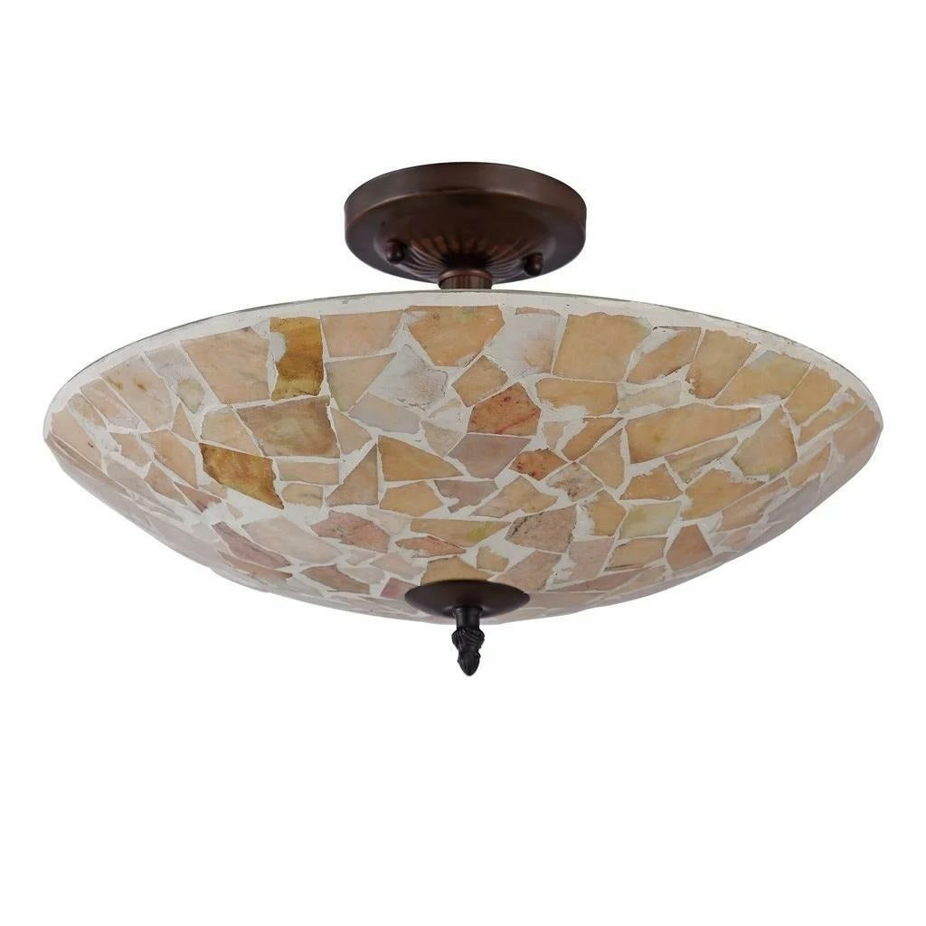 Dark Bronze Finish Semi-Flush Mount Stained Glass Ceiling 2-Light Mosaic Design