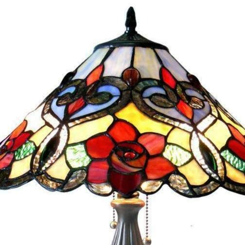 Floral Rose Antique Bronze Finish Tiffany Style 2-Light Pull Chain Table Lamp