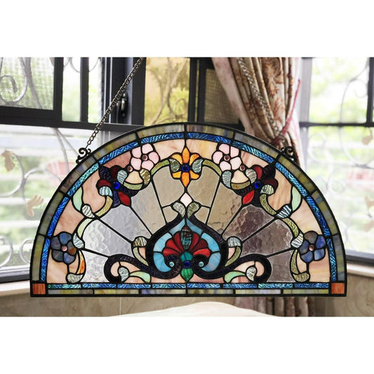 Tiffany Style Stained Glass Semi Circle Window Panel Suncatcher 13x24in