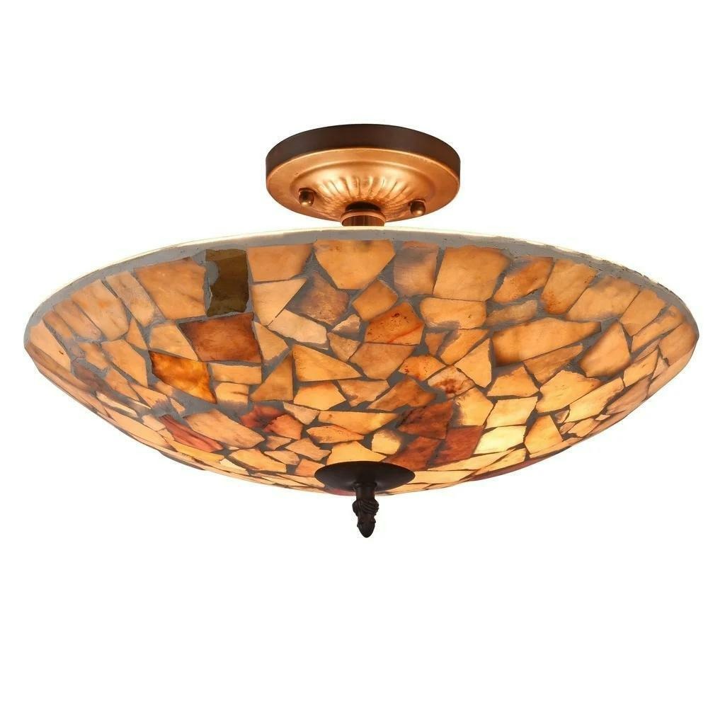 Dark Bronze Finish Semi-Flush Mount Stained Glass Ceiling 2-Light Mosaic Design