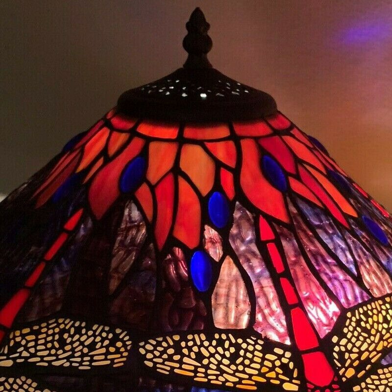 Tiffany Style Red Dragonfly Stained Glass Table Reading Lamp - Purple and Orange