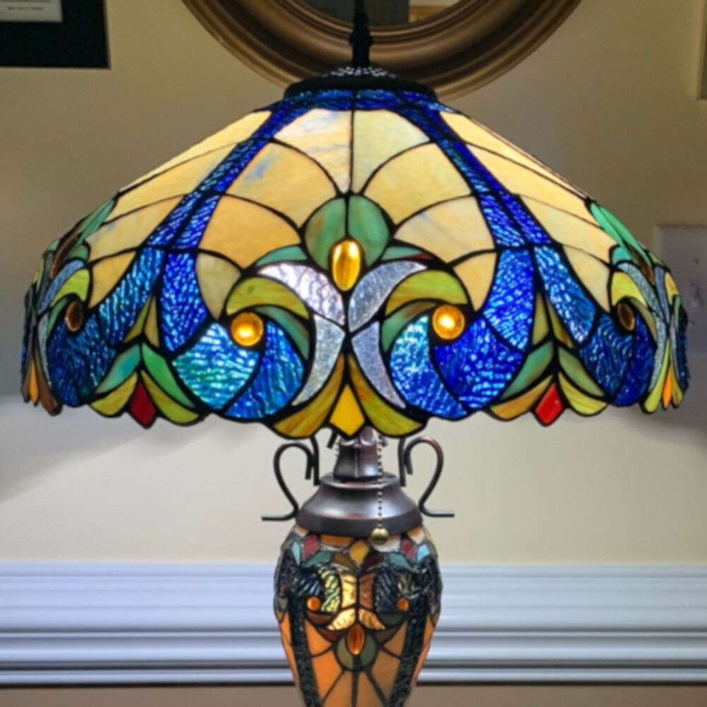 Tiffany Style Table Lamp Ocean Blue Yellow Stained Glass Victorian Theme Lamp