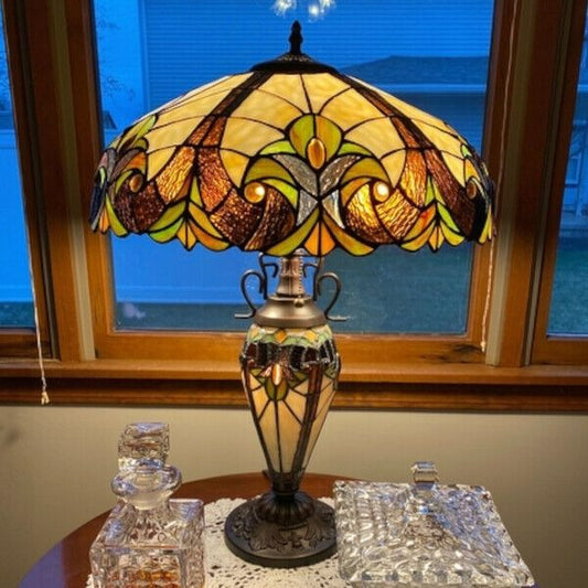 Tiffany Style Victorian 2 Light Table Lamp In Amber Stained Glass With Lit Base