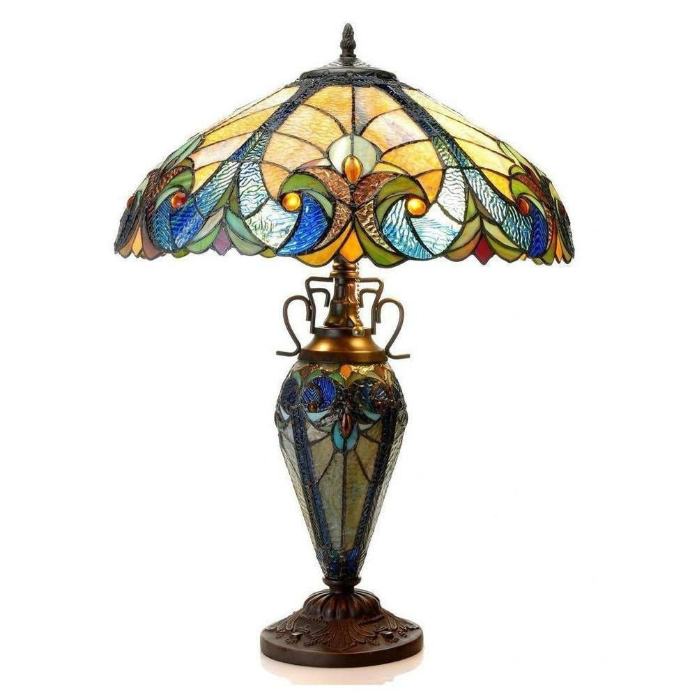 Tiffany Style Table Lamp Golden Blue Stained Glass Accent Reading Accent Lamp