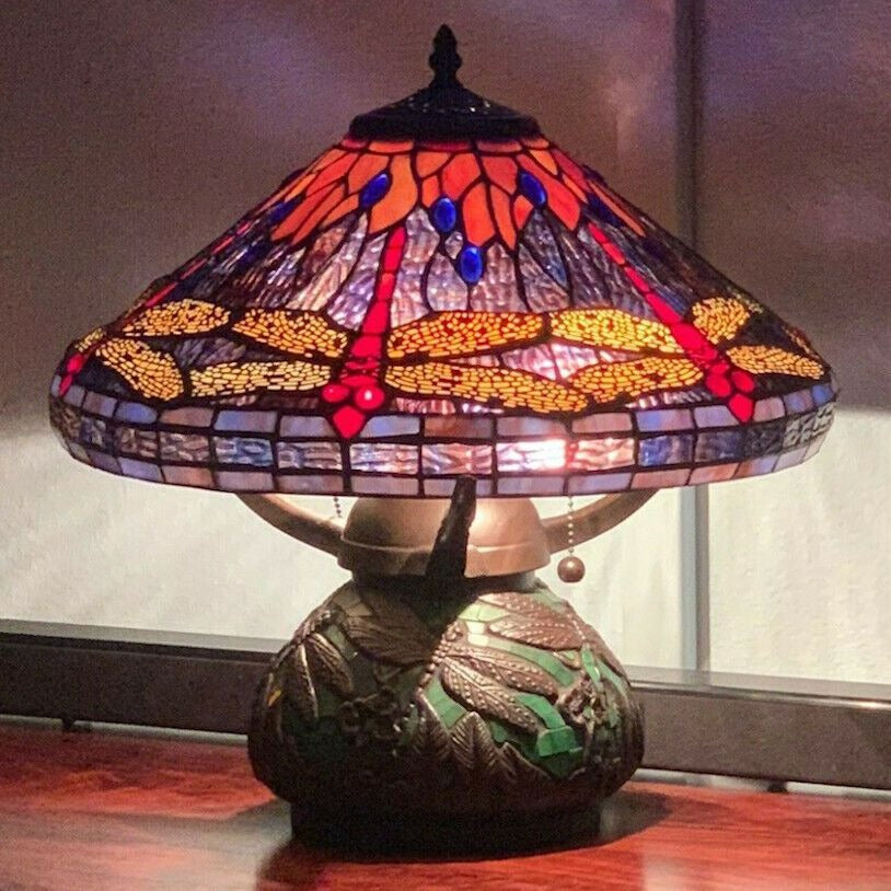 Tiffany Style Red Dragonfly Stained Glass Table Reading Lamp - Purple and Orange
