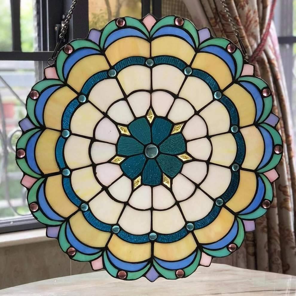 Blue Green Tiffany Style Round Stained Glass Window Panel Suncatchers 18in