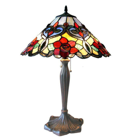 Floral Rose Antique Bronze Finish Tiffany Style 2-Light Pull Chain Table Lamp